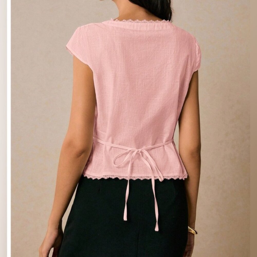 LAST ONE 🔥 Boho Lace Cap Sleeve Single Button Blouse Pink - Picture 5 of 7